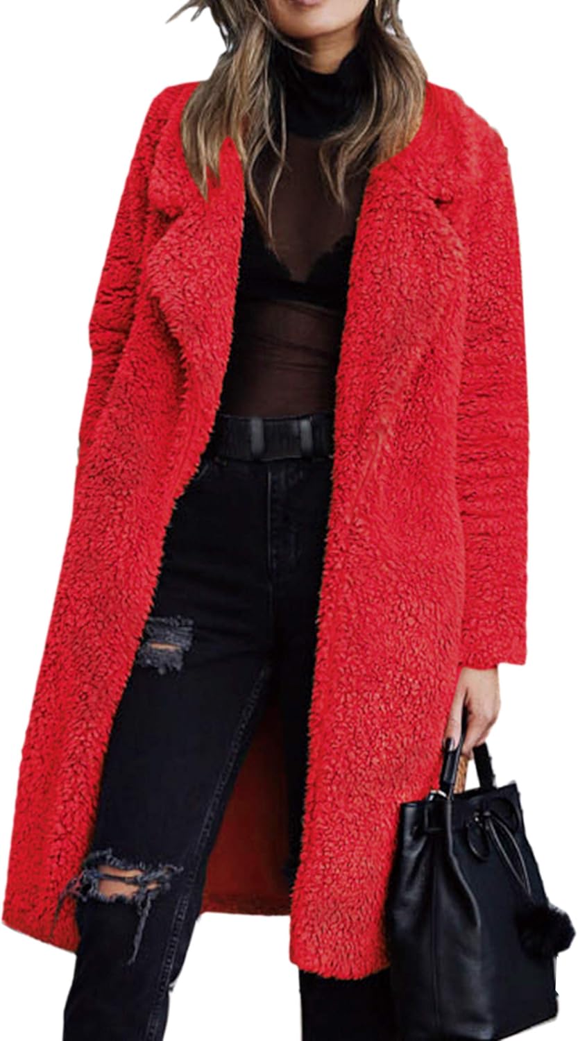 Angashion Women's Fuzzy Fleece Lapel Open Front Long Cardigan Coat Faux Fur Warm Winter Outwear Jackets with Pockets at  Women’s Clothing store