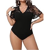 SHENHE Women's Plus Size V Neck Lace Flutter Short Sleeve Elegant Slim Blouse Bodysuit
