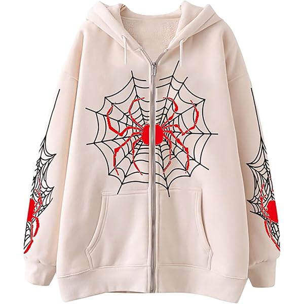 Aobiono Women Men Y2K Zip Up Oversized Hoodie Gothic Spider Web