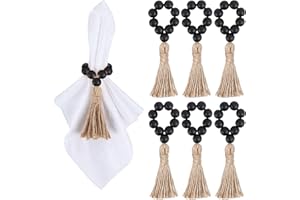 Meplait 6 Pieces Wooden Bead Napkin Rings, Farmhouse Stretchable Napkin Rings with Tassel Boho Napkin Rings for Dining Table,Wedding Decoration (Black)