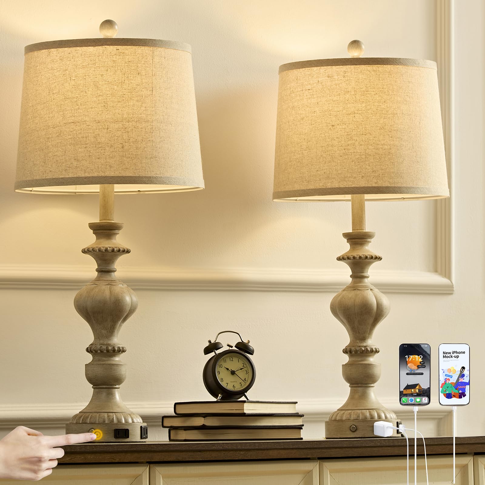 Photo 1 of *** factory sealed *****SAIWEYA 27.5" Farmhouse Table Lamps Set of 2 Bedside Nightstand Lamp with USB C+A Ports & AC Outlet, 3 Way Dimmable Touch Lamps for Bedroom Living Room Office Rustic Lamp (Gray)