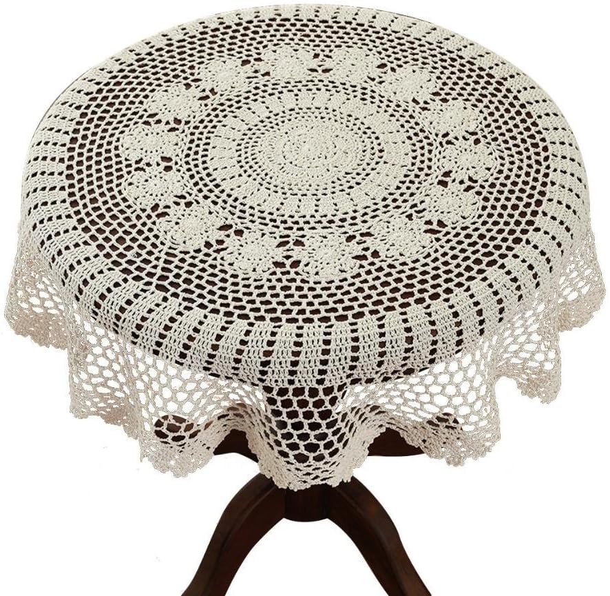 35 Inch Beige Round Handmade Cotton Crochet Lace Tablecloth