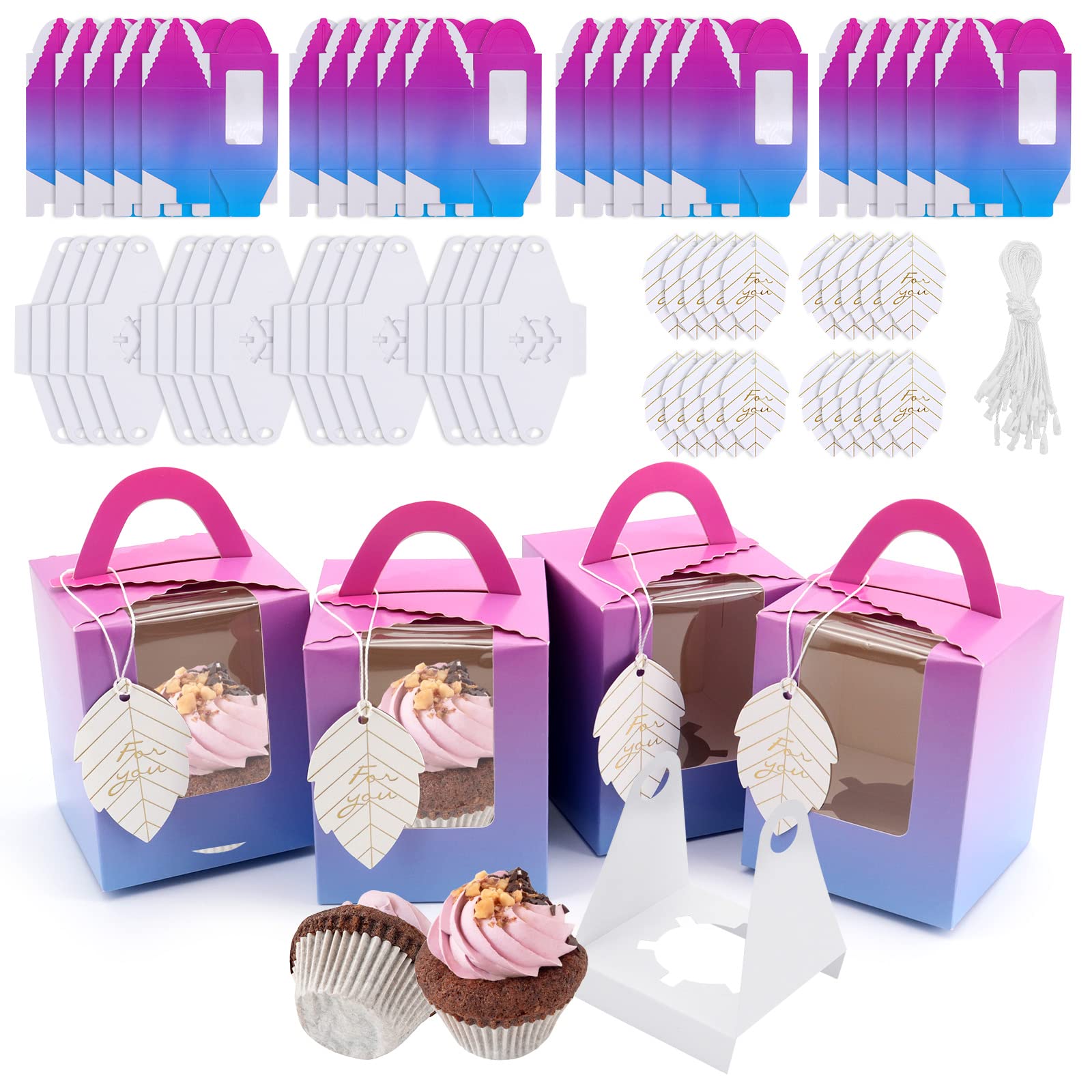 JJoexyfit 20Pcs Single Cupcake Boxes, Individual Cupcake Boxes with Handle, Small Cake Box for Cookies Desserts Pies Bakery Candy Wedding Party Favors (Gradients)