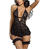 SHENHE Women's Babydoll Lingerie Halter Neck Deep V Backless Lace Dress Nightgown Sexy Lingerie with Leg Garters