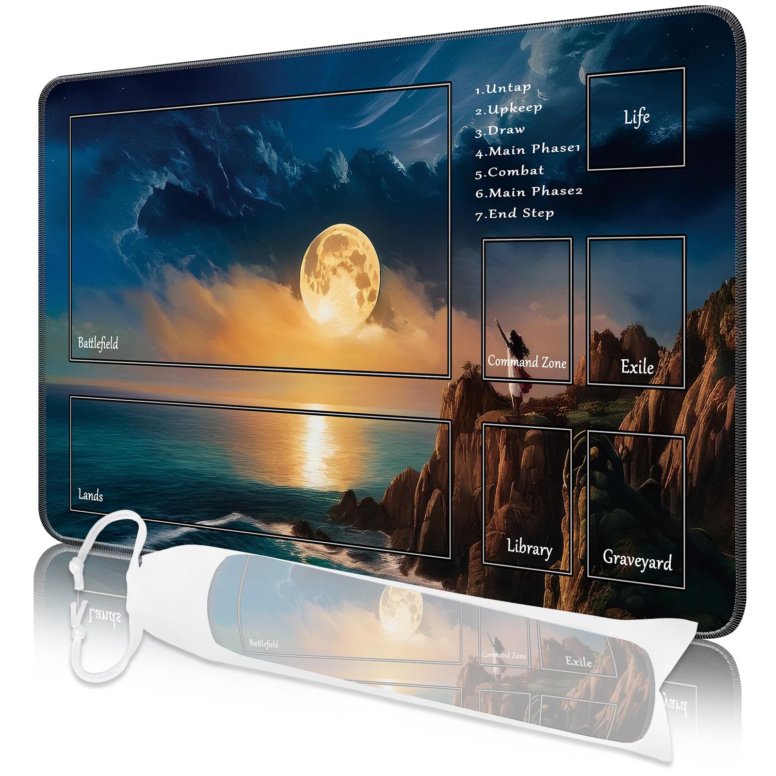 Nkddert MTG Playmat, 24x14in TCG Card Playmat Stitched Edges MTG Commander Playmat 3mm Thick Waterproof Board Game Seaside Pattern MTG Play Mat with Storage Bag