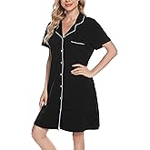 Vlazom Women's Nightgowns Short Sleeve Sleep Shirts Nightshirt V Neck Button Down Pajama Sleepwear S-XXL