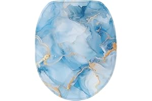 Luarisgur Light Blue Toilet Seat Covers for Bathroom - Marble Print, Decorative Washable Round Elongated Toilet Lid Cover