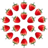 OIIKI 20Pcs 3D Red Strawberry Pendants, Resin Strawberry Beads with Green Leaf DIY Crafts Supplies Decoration Accessories for Jewelry Making Necklaces Earrings