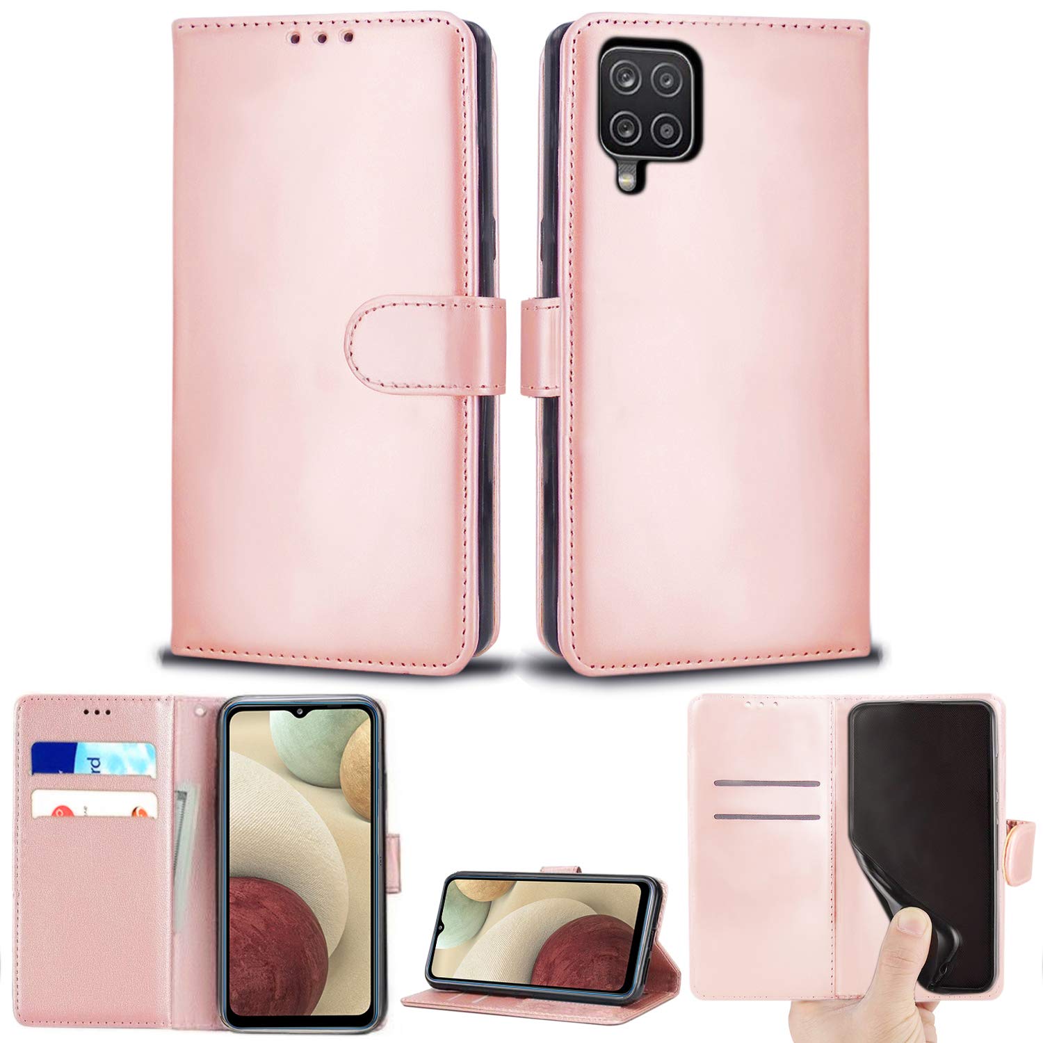 Mobile Stuff For Samsung Galaxy A12 Case, Premium PU Leather Folio Cover Magnetic Closure Full Protection Book Design with [Card Slots] and [Kickstand] for Galaxy A12 / A12 5G (Rose Gold)