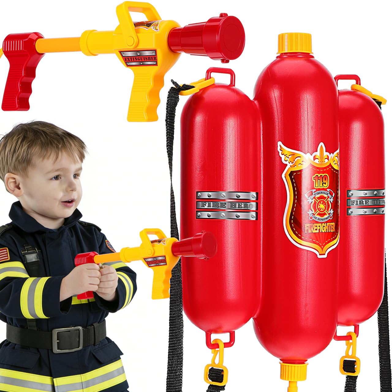 Hemobllo Fire Backpack Water Toys for 4-8 Kids, Fireman Backpack Water Blaster with Adjustable Straps for Summer, Swimming Pool, Beach Games and Outdoor Play