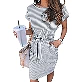 MEROKEETY Women's 2026 Summer Casual T Shirt Dress Short Sleeve Striped Tie Waist Work Vacation Trendy Short Dresses