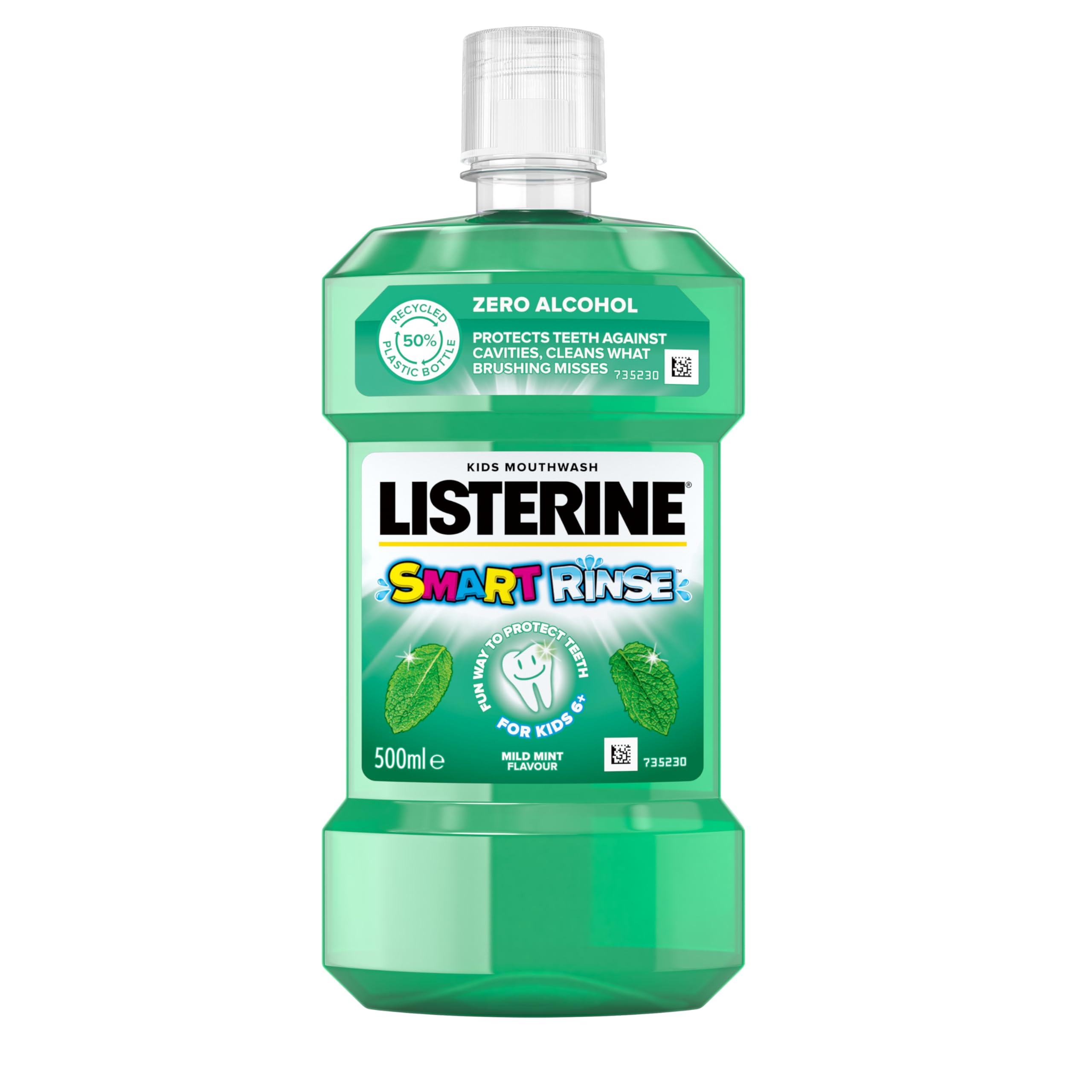 Listerine Smart Rinse Mild Mint Mouthwash (500ml), Kids Alcohol-Free Mouthwash to Reduce Cavities, Bad Bacteria, and Cleaning Teeth, Gums, and Tongue, Sugar-Free Formula