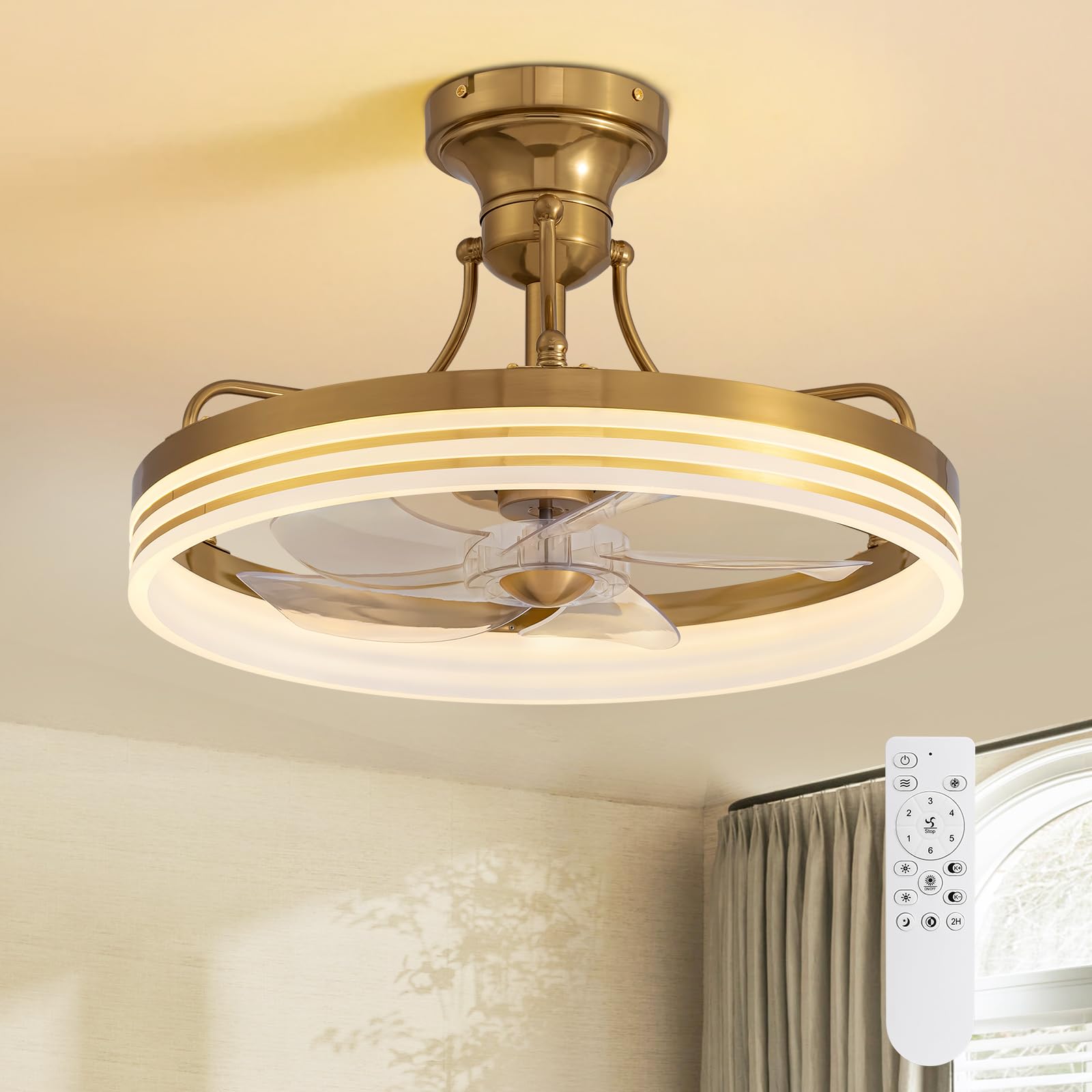 Photo 1 of ** PARTS ONLY** MOOONICHE 20inch Ceiling Fan with Light Gold Flush Mount Fandelier with Remote Control Modern LED Ceiling Fan 6 Wind Speeds Fandelier for Bedroom Living Room Kitchen