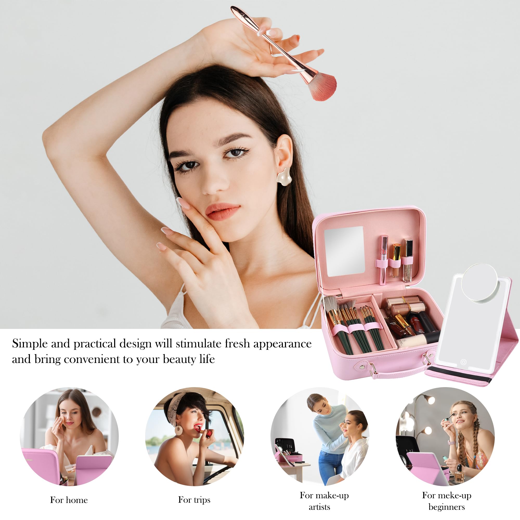 WangSelect Travel Makeup Bag with Light Up Mirror Makeup Organizer Box Travel Train Case Portable Campct Mirror Cosmetic Bag for Women (Pink)