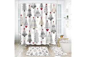 ArtSocket Tree Gray Red Christmas Bathroom Sets with Shower Curtain and Rugs and Accessories, Winter Shower Curtain Sets, Pine Holiday Shower Curtains for Bathroom Decor 4 Pcs