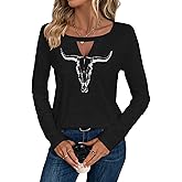 Binshre Western Country Concert Outfits Women Long Sleeve Keyhole Sexy V Neck T Shirts Vintage Rodeo Cowgirl Graphic Tees