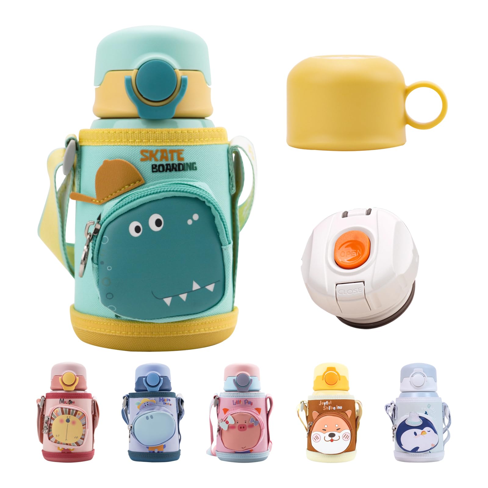 Bunnytoo 水筒 子供 2WAY ストローボトル 真空断熱 保温 保冷 450ml/500ml 魔法瓶 キッズボトル 真空二重構造 漏れない ステンレスボトル マグボトル スポーツ コップ付き ポーチ付き ストロータイプ & コップタイプ コンパクト ワンタッチ ストラップ 子ども おし
