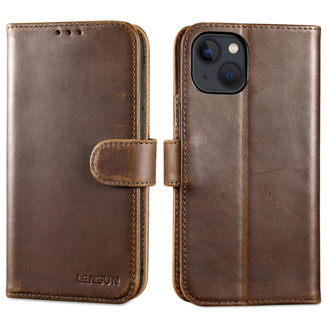 LENSUN Case for iPhone 13, Genuine Leather RFID Wallet Protective Case Cover with Card Slots and Magnetic Closure Compatible with iPhone 13 5G - Dark Brown Retro — image 1