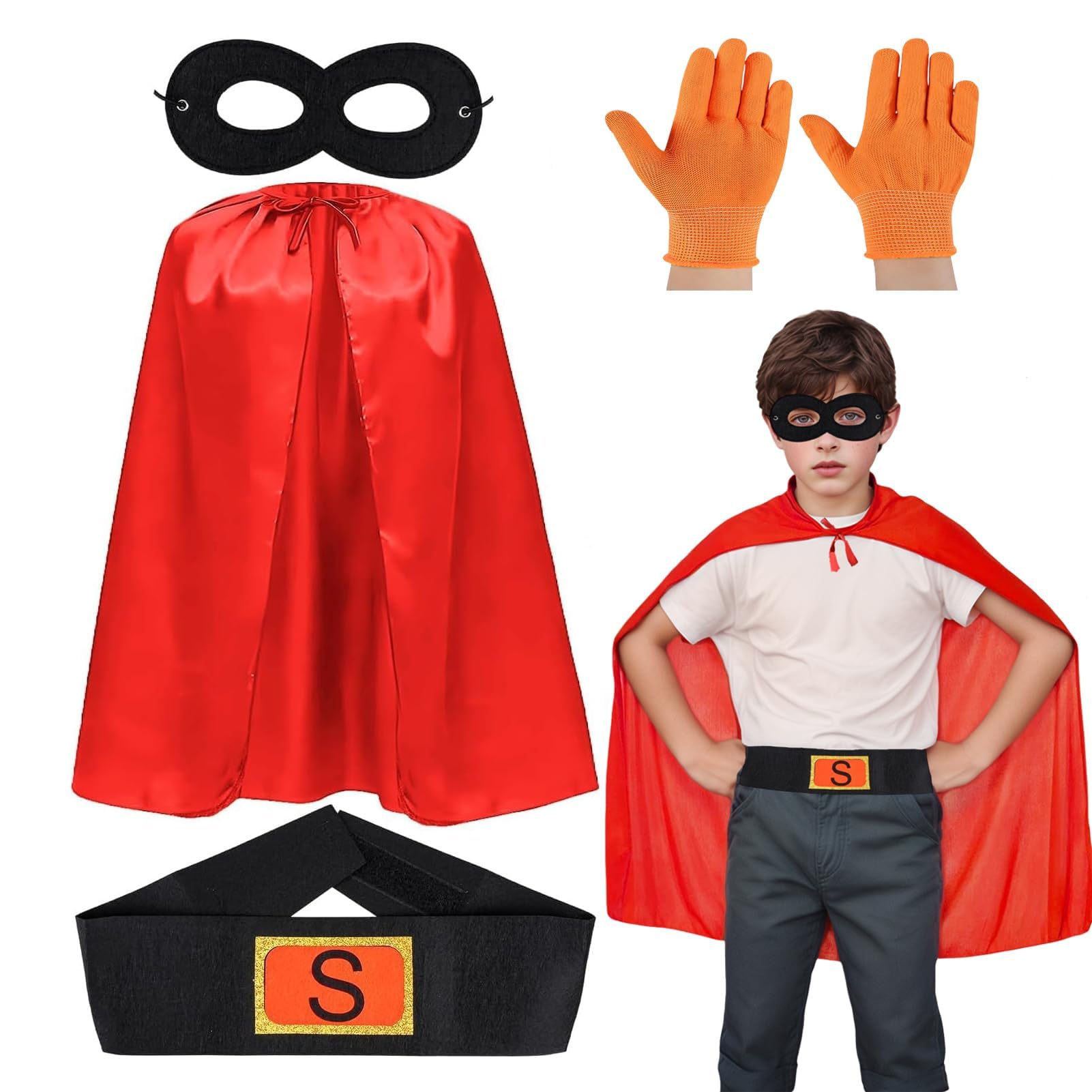 Aleshime Child's Potato Superhero Fancy Dress Costume, Childs Hero Costume Set - Red Cape Belt Black Eye Mask Orange Gloves, Kids World Book Day School Book Week Fancy Dress
