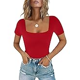 Chunpin Women's Sexy Square Neck Short Sleeve Bodysuit Tops Double Lined Slim Fitted Thong Body suit