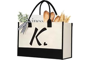 shenee Initial Canvas Tote Bag, Personalized Beach Jute Bag Present for Women Holiday,Friends Birthday Gift,Wedding, New Year