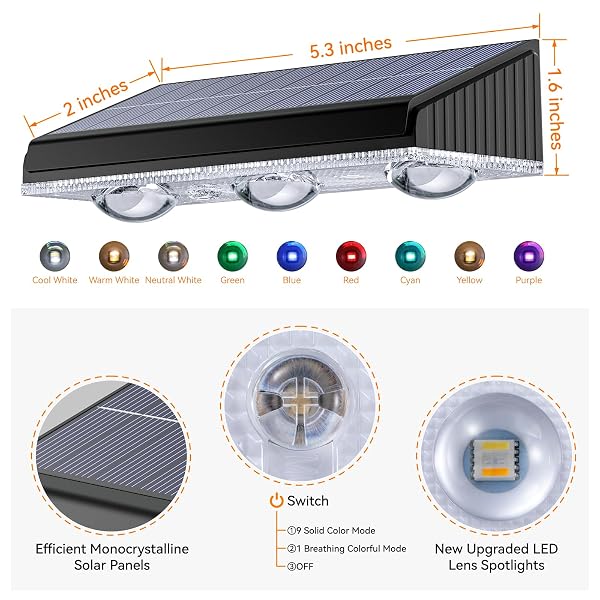 BONLION SOLAR FENCE LIGHTS OUTDOOR 10 PACK, UPGRADED BRIGHTNESS 3X LED LENS FENCE LIGHTS SOLAR POWERED, 9 FIXED COLORS & RGB LIGHTS,IP65 WATERPROOF SOLAR LIGHTS FOR OUTSIDE BACKYARD/RAILING/STEP/PATIO