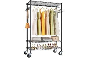 VIPEK R3 Heavy Duty Garment Rack with Lockable Wheels, Portable Rolling Closet with Adjustable Shelves & Hanging Rod & Side Hooks, Compact Space-Saving Storage for Small Apartments/Dorms (Black)
