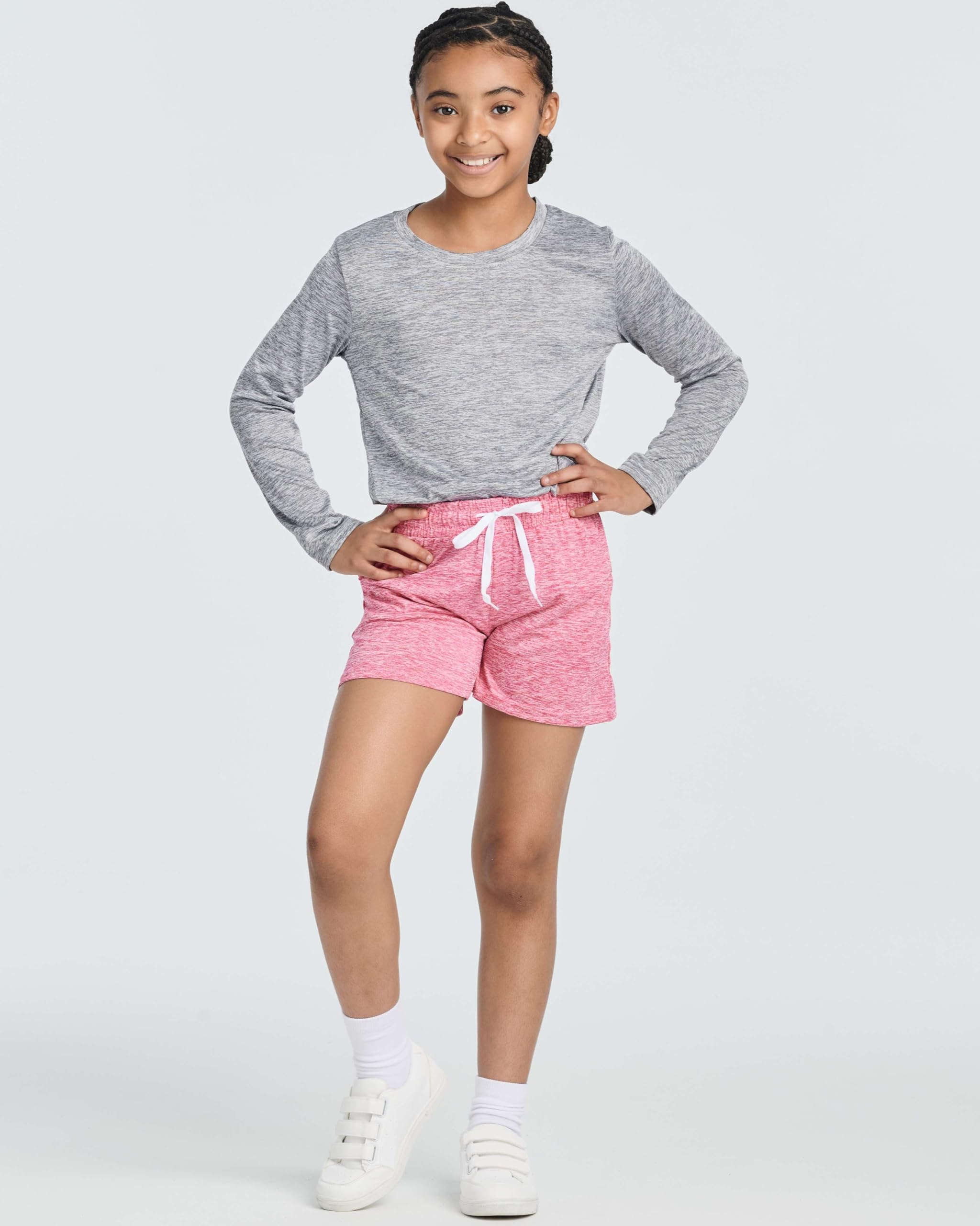 Real Essentials 4 Pack: Girls Athletic Performance Dry-Fit Running Shorts with Drawstring & Pockets