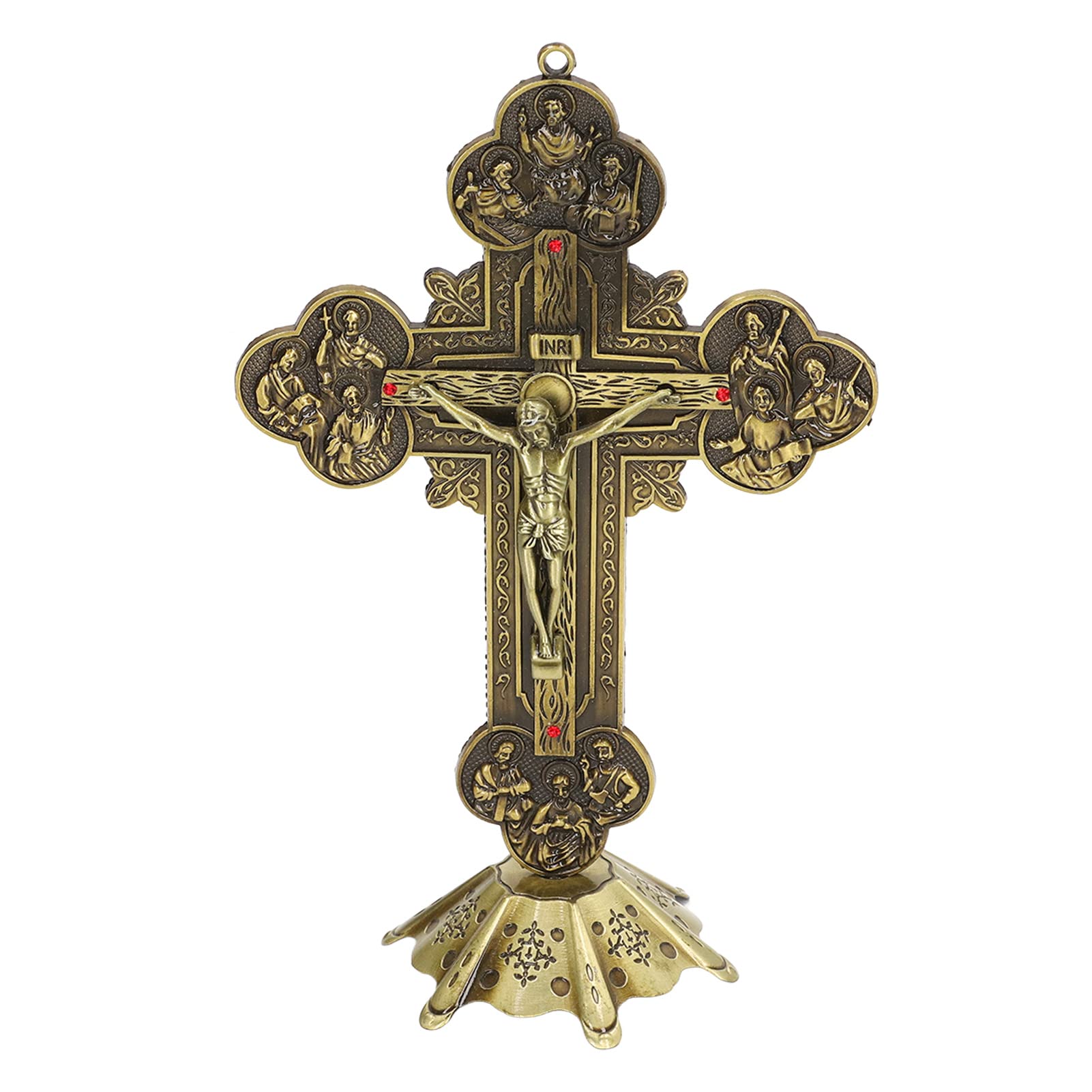 Pssopp Crucifix, Inlaid Red Vintage Style Catholic Crucifix Bronze Stable Base Metal Stand Table Home Altar for Catholic Gift