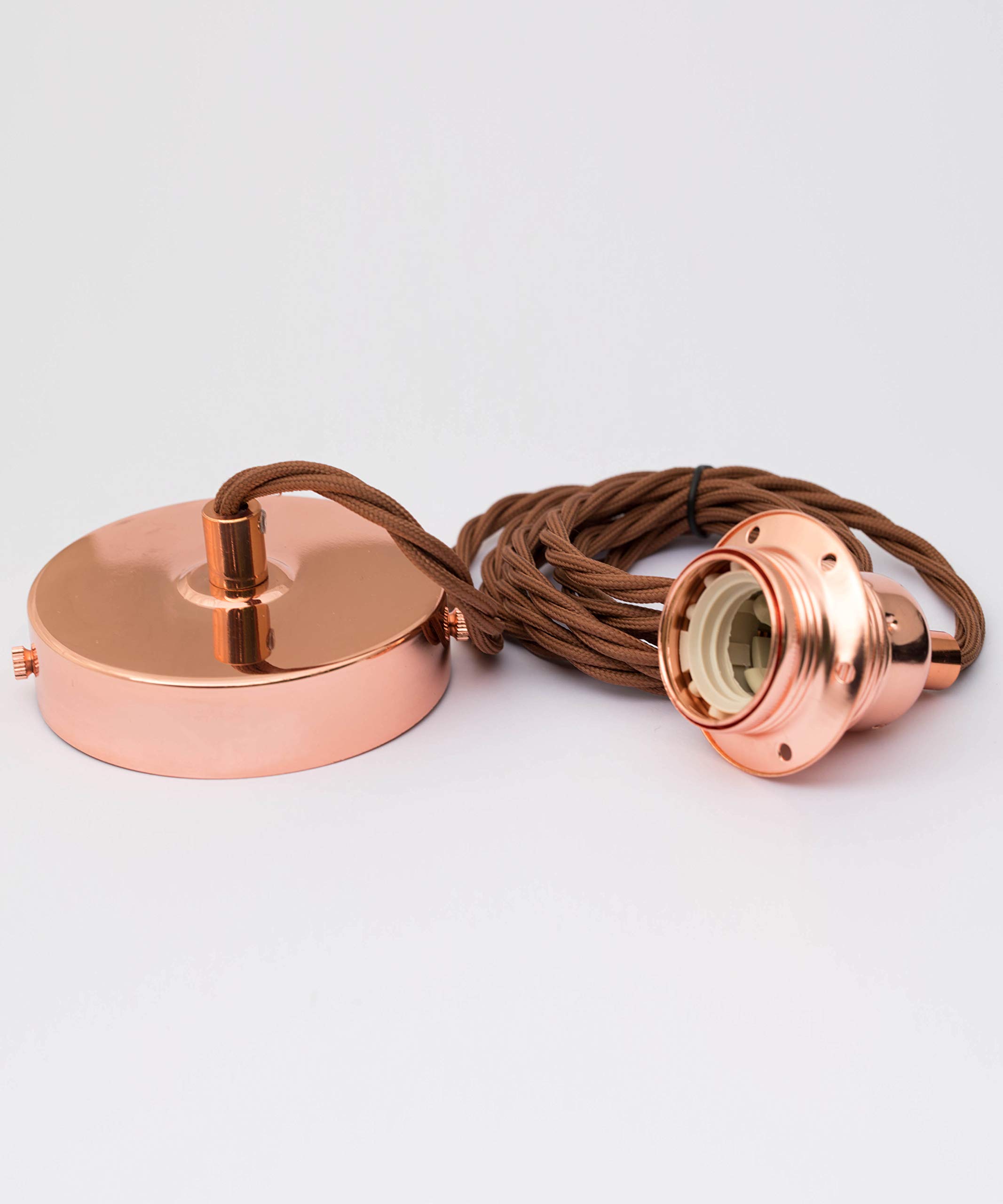 William & Watson Ceiling Rose Pendant Lamp Set Vintage Lighting E27 Edison Bulb fitting with 2m Fabric Cable Flex| Rose Gold Finish