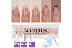 BTArtboxnails XCOATTIPS Press on Nails Short - Skin Tones Almond Nail Tips, Soft Gel Nail Tips with Nail Gel, French Protecting Duo, Nail Lamp, All in One Fake Nails French Tip Press on Nails Kit