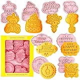 Crethinkaty Happy Birthday Cookie Cutter-8 Plastic Cookie Stamps-Cartoon Fun Cookie Mold，with Happy Birthday Wishes 3D Cookie