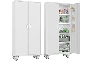 Greenvelly Metal Storage Cabinet with Wheels,72” White Garage Storage Cabinet with Pegboards and Wheels, Rolling Tool Cabinet with Locking Doors and Shelves for Home,Basement, Kitchen Pantry,Warehouse