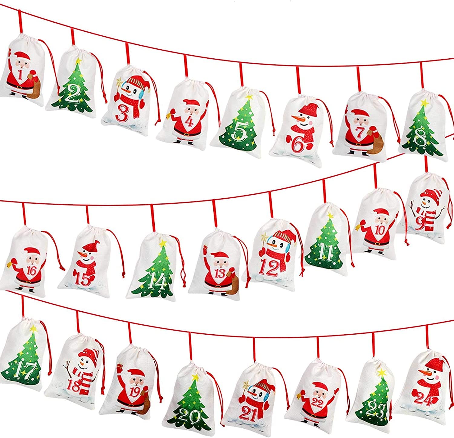 OurWarm Christmas Advent Calendar 2022, 24 Days Dimity Burlap Gift Bags Favors for Christms Toys Decorations Home Decor (6.3" x 4.3" Christmas Tree, Santa Claus, Christmas Snowman)