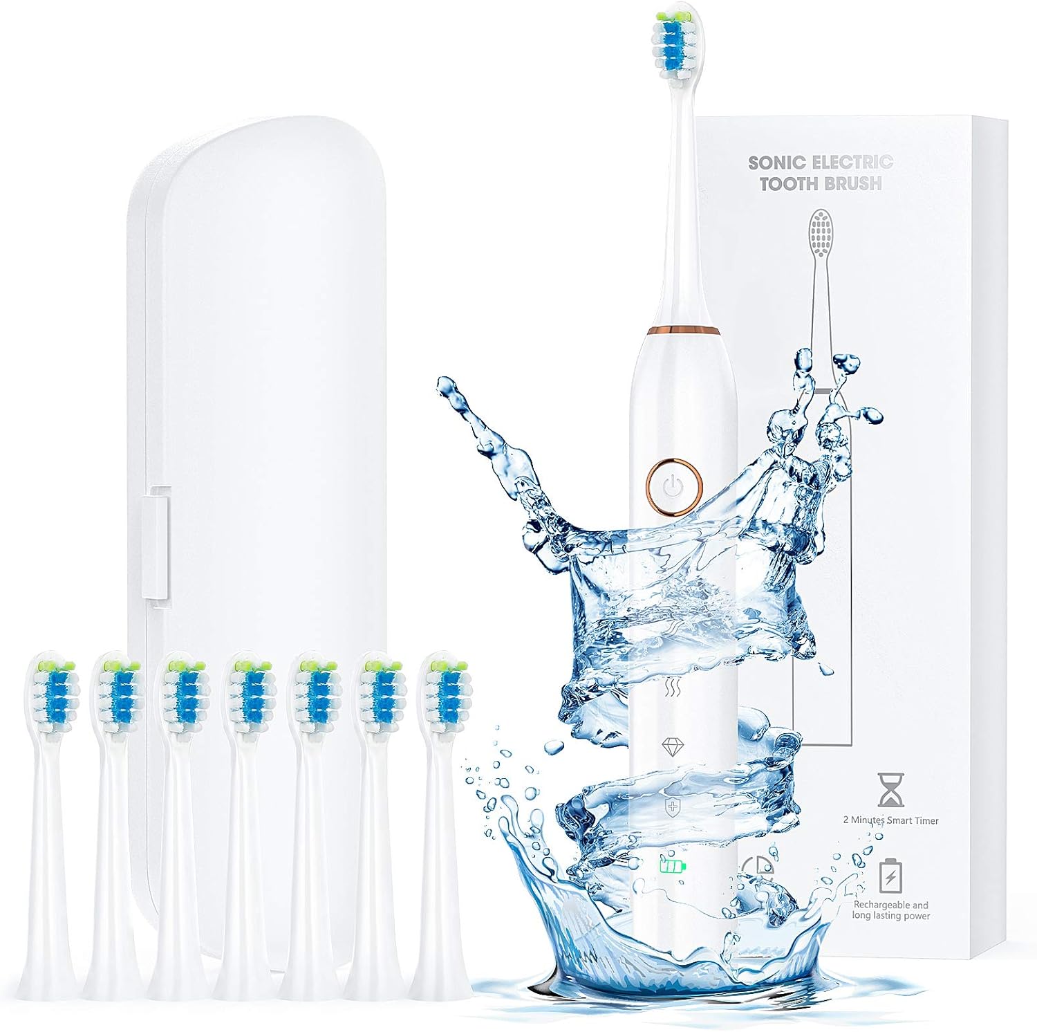 Schallzahnbürste Romanda 4000VPM Elektrische Zahnbürste Schall, 4 Stunden hält Min 60 Tage, 8 Dupont Aufsteckbürsten 5 Reinigungs-Modi USB-Ladung 2 Minuten Timer 1 Reise-Etuis IPX7 Wasserdicht(Weiße)