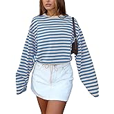 Vivitulip Women’s Casual Striped Sweatshirt Relaxed Fit Round Neck Long Sleeve Drawstring Cropped Pullover Tops
