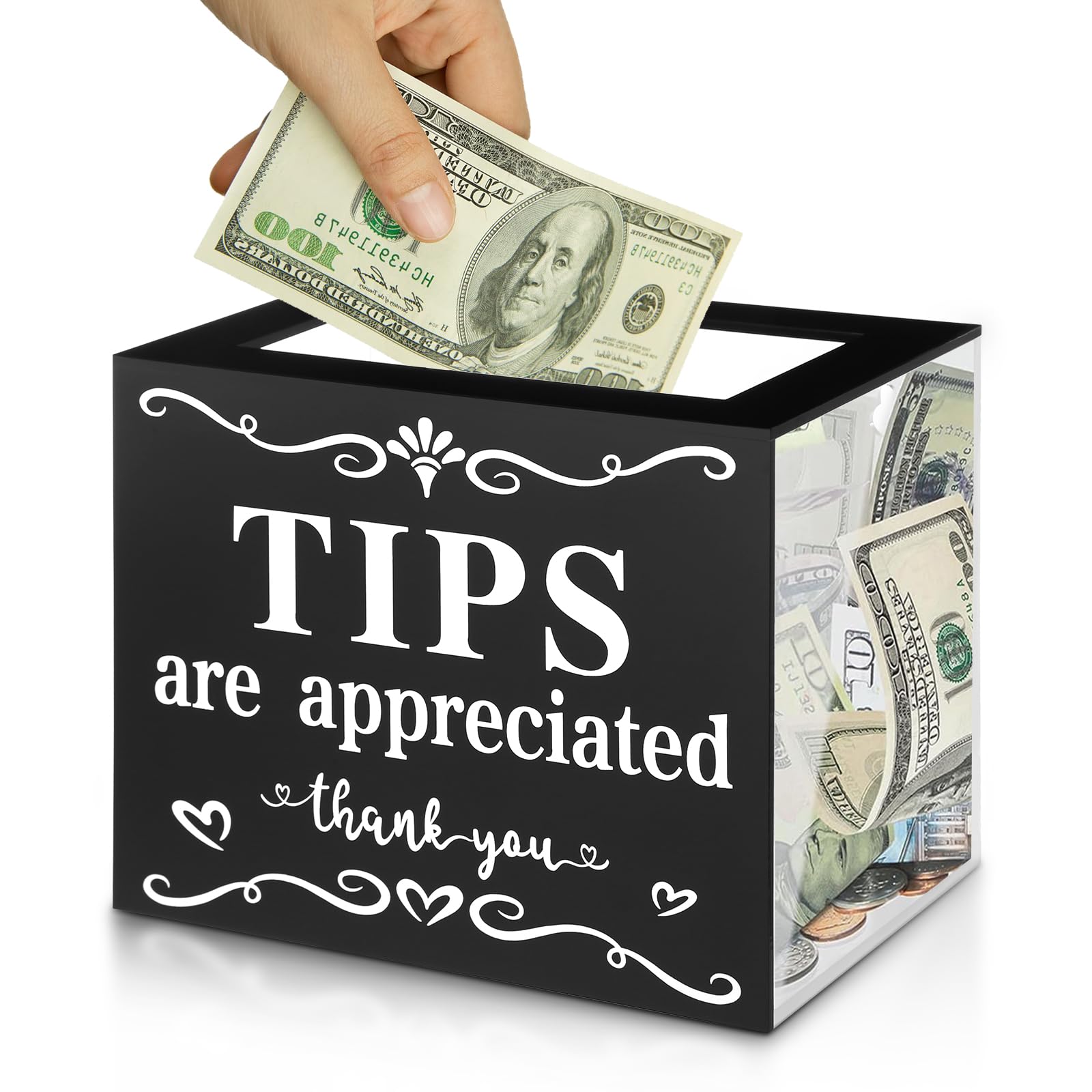Photo 1 of 1 Pack Acrylic Tip Jar for Money Tip Box Bucket with 2 Paste Hooks, 2 Expansion Screws - Money Storage Container, Raffle Cash Box, for Bartender, Restaurants, Bars, Musicians - 6 x 4 x 5 Inch
