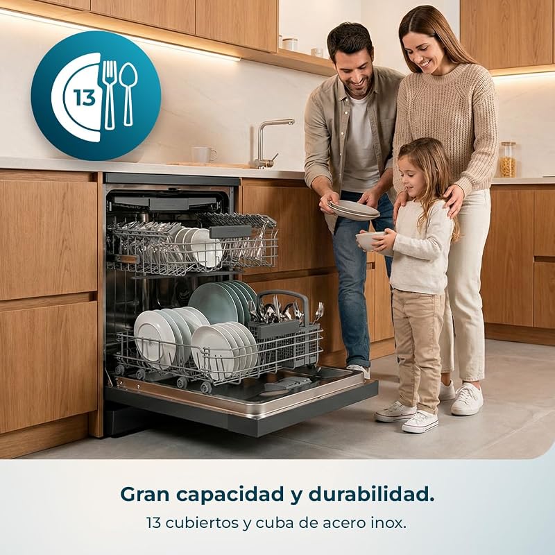 Lavavajillas 60 cm Libre Instalación Bolero Aguazero 6205 Dark. 13 Cubiertos, 12 Programas, Motor Inverter Plus Duo, Panel Táctil, Extra Hygiene, Super Dry, Half Load, Silent Wash, Dark