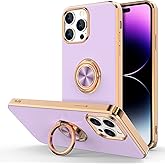 Hython for iPhone 14 Pro Case with Ring Stand [360° Rotatable Ring Holder Magnetic Kickstand] [Support Car Mount] Plated Rose Gold Edge Slim Soft TPU Luxury Protective Phone Case Cover, Purple