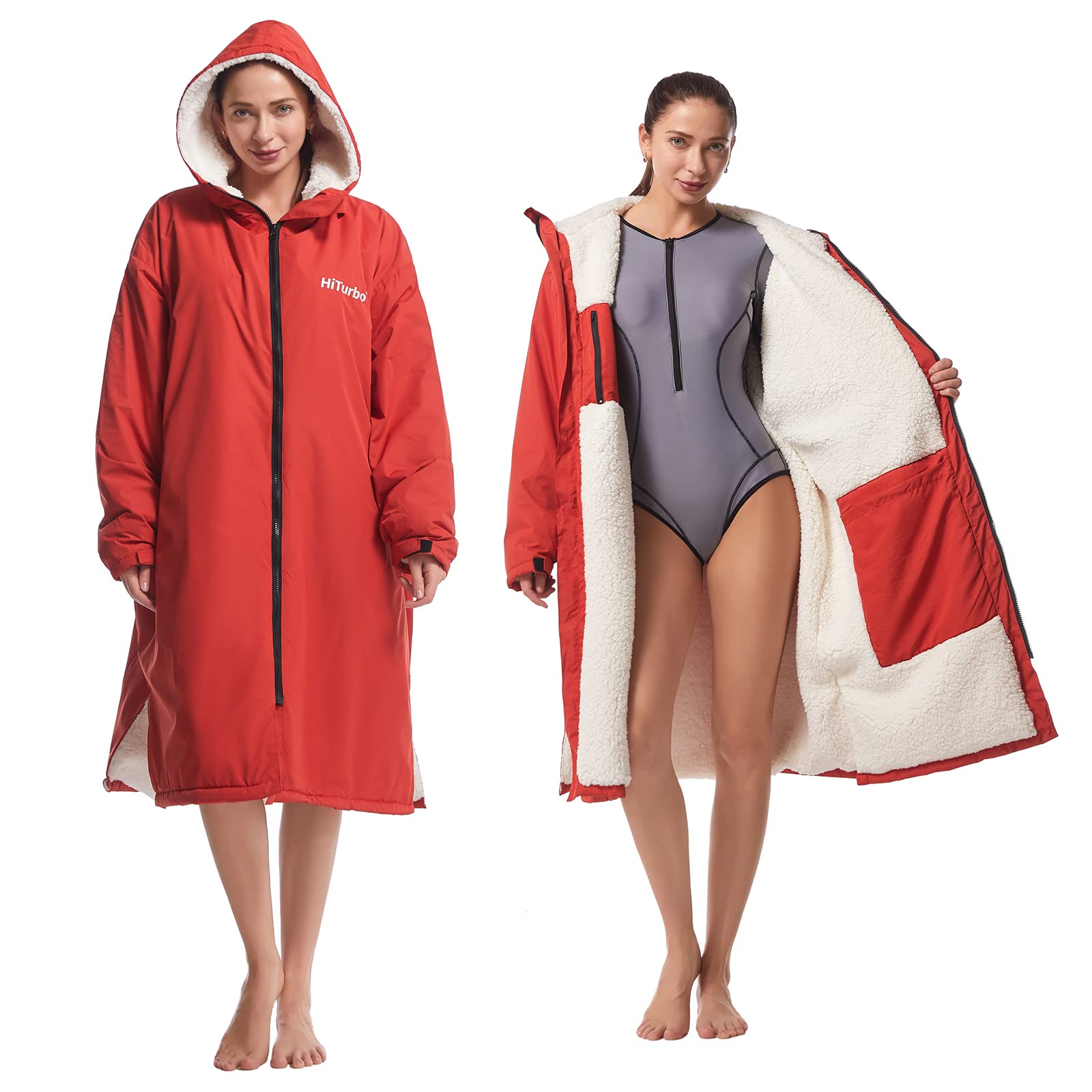 Photo 1 of Hiturbo Warm Waterproof Swim Parka: Oversized Hooded Changing Robe - Sherpa Liner Swimming Coat - Recycled Fabric Surf Poncho (Red)