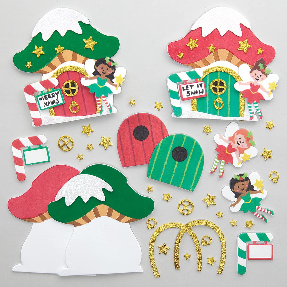 Baker Ross FX369 Christmas Fairy Door Kits - Pack of 4, Christmas Decoration Craft Kit for Kids, Kids Foam Sticker Craft Kit