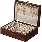Bescott 2 Layer Solid Black Walnut Wooden Jewelry Box with Lock and Key for Women Wood Vintage Organizer for Men Earrings Rings Necklaces Bracelet Watch Storage Mother's Day Gift