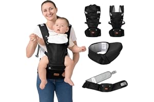 BabbleRoo Grow Carrier – Safety-Certified 6-in-1 Baby Carrier with Hip Seat, Ergonomic & Adjustable Toddler Carrier 7-50 lbs with Hip Support, Hood for Sun Protection, Newborn to Toddler, Black