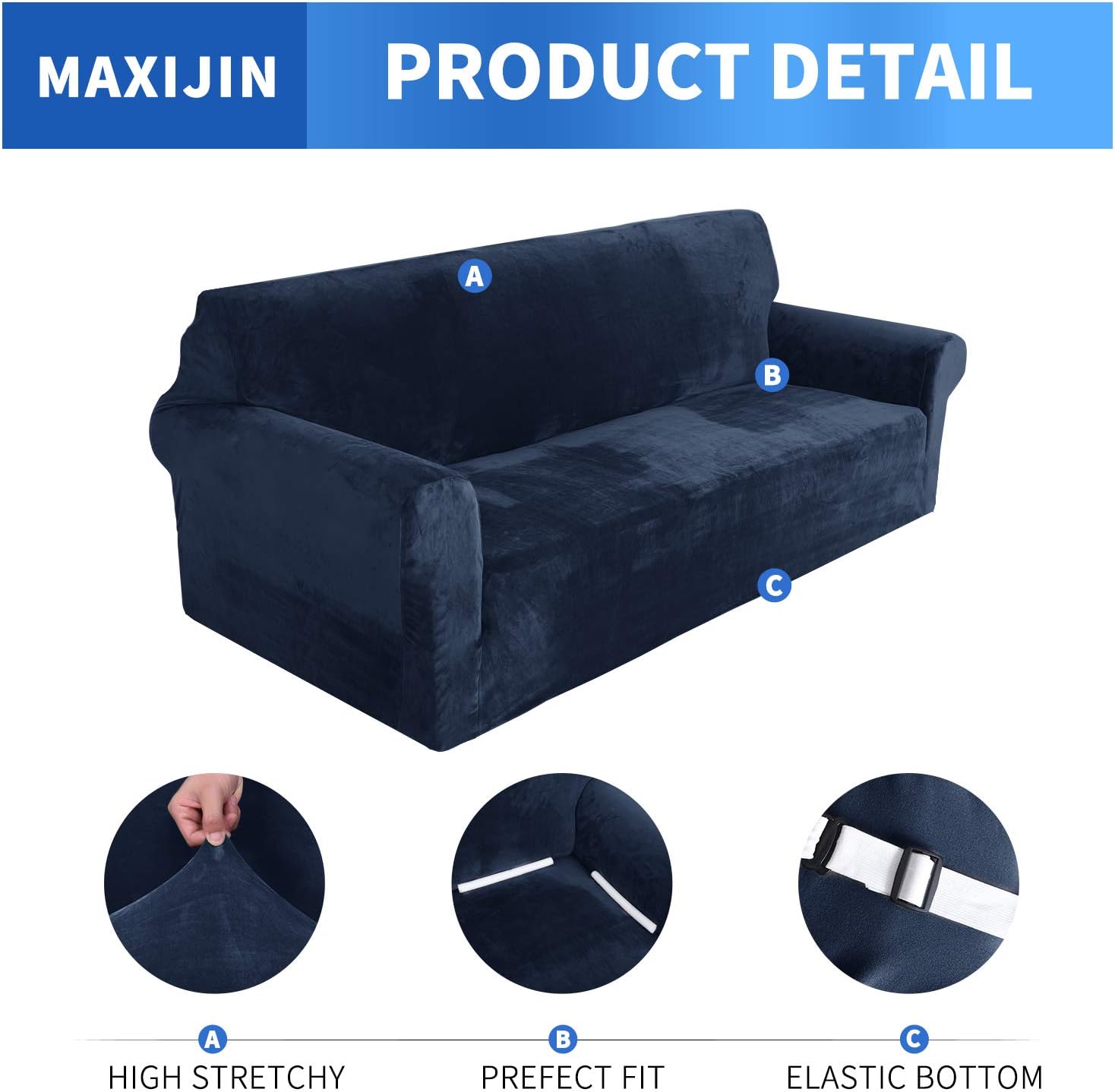MAXIJIN Thick Velvet Sofa Covers 3 Seater Super Stretch Non Slip Couch Cover for Dogs Cat Pet Friendly 1-Piece Elastic Furniture Protector Plush Sofa Slipcovers (3 Seater - Image 4