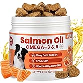 Omega 3 for Dogs Fish Oil Treat Skin and Coat Supplement, Omega 6 Salmon Oil Chews with EPA & DHA Fatty Acids Dry Skin Relief for Dogs, Coat Itch Relief Supplement,Salmon Flavor