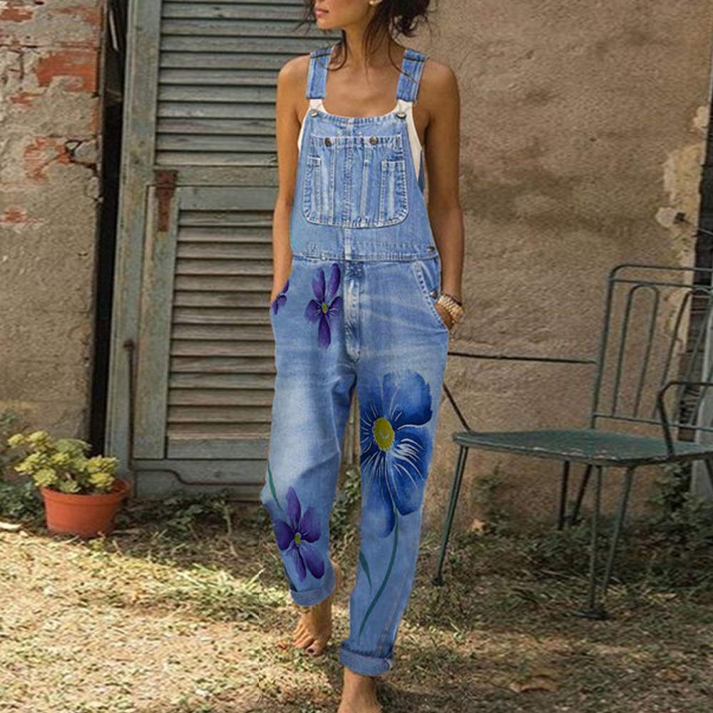 Shujin Salopette da Donna in Jeans con Stampa a Fiori Baggy Boyfriend