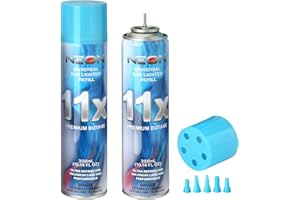 NEON Butane Fuel Refill, 11X Ultra-Refined, 300ml Premium Lighter Fluid with Metal Nozzle & 5 Butane Gas Refill Adapters for Refillable Jet Flame Lighters, Torches, and Culinary Use, 2 Cans