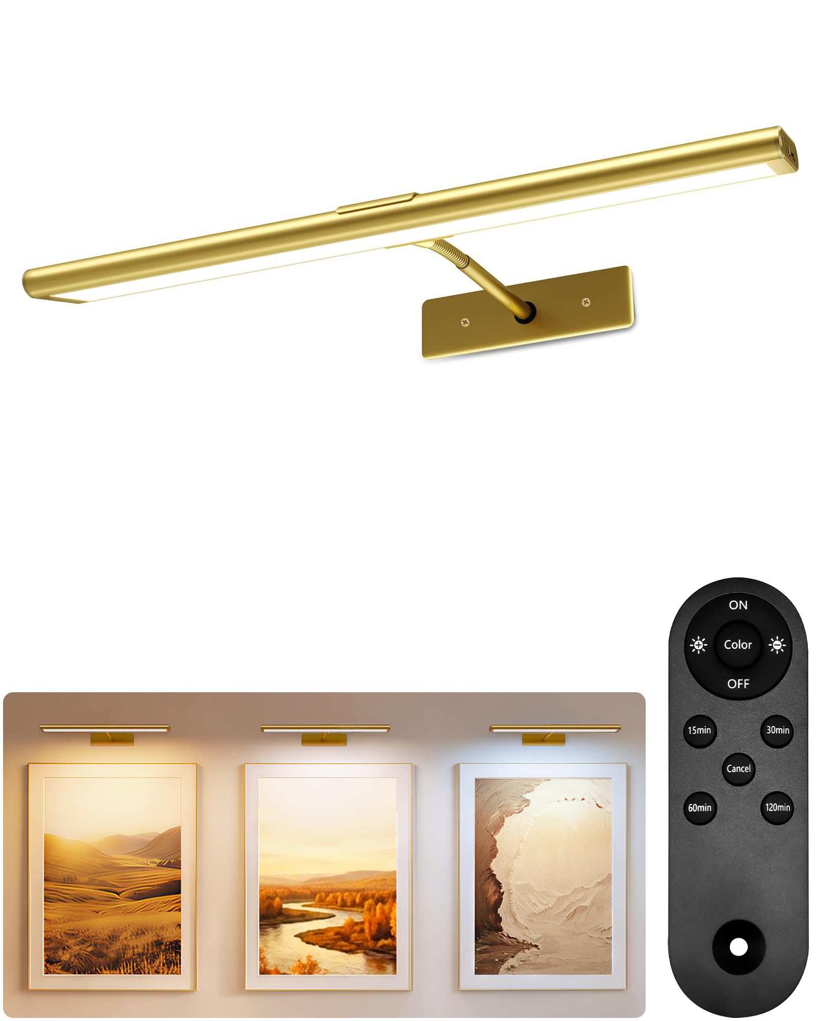 EZVALO Picture Light for Wall, 4800mAh Rechargeable Wireless Remote, 16‘’ Dimmable Magnetic LED Art Display Light with 3 Color Temperatures, for Gallery, Living Room, Bedroom, Hallway (Gold)