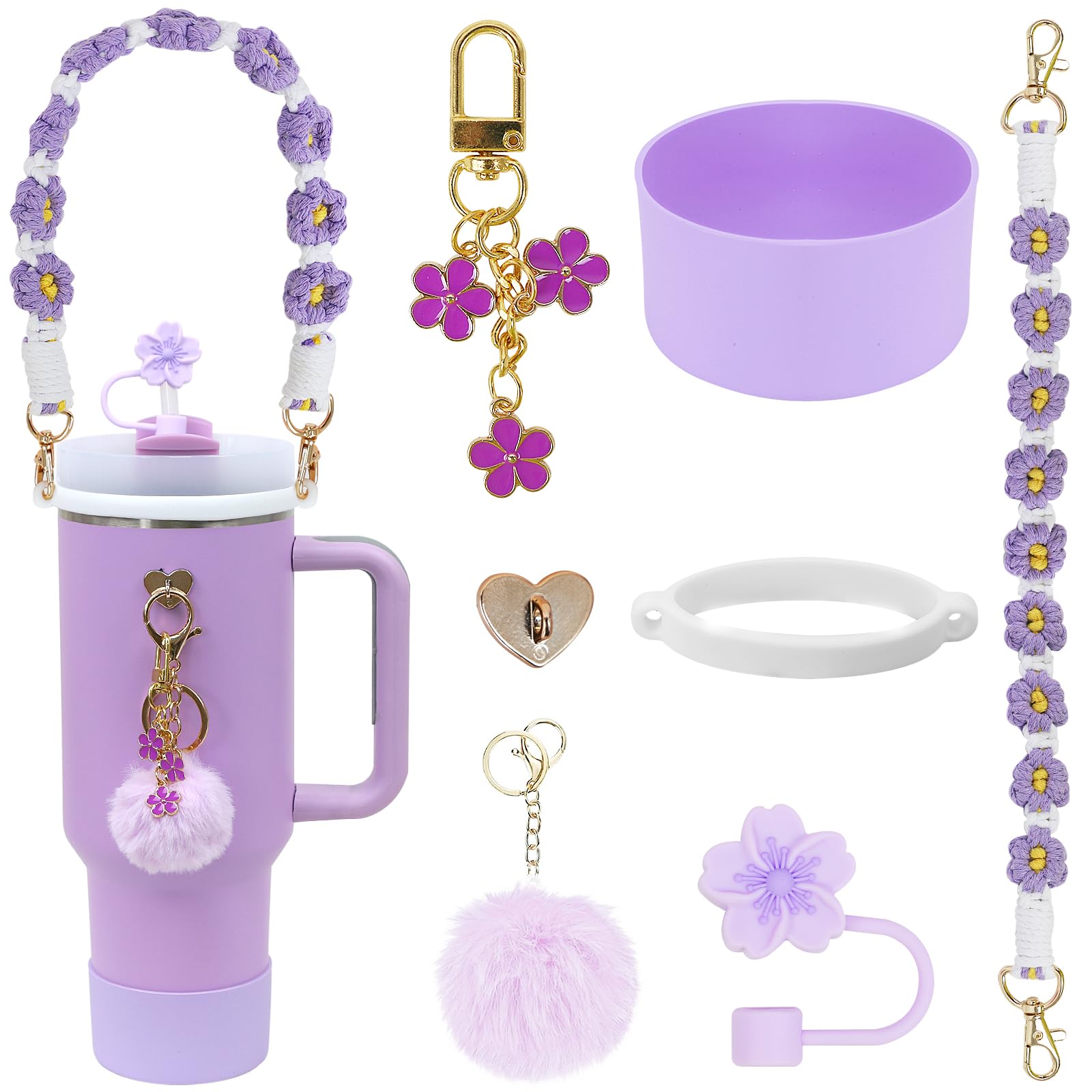 LACGO Stanley Cup Accessories Set of 7PCS Including Silicone Boot, Boho Woven Handle Strap, Straw Cover Cap, Stanley Charms for Stanley Cup 30/40oz Tumbler（Purple）