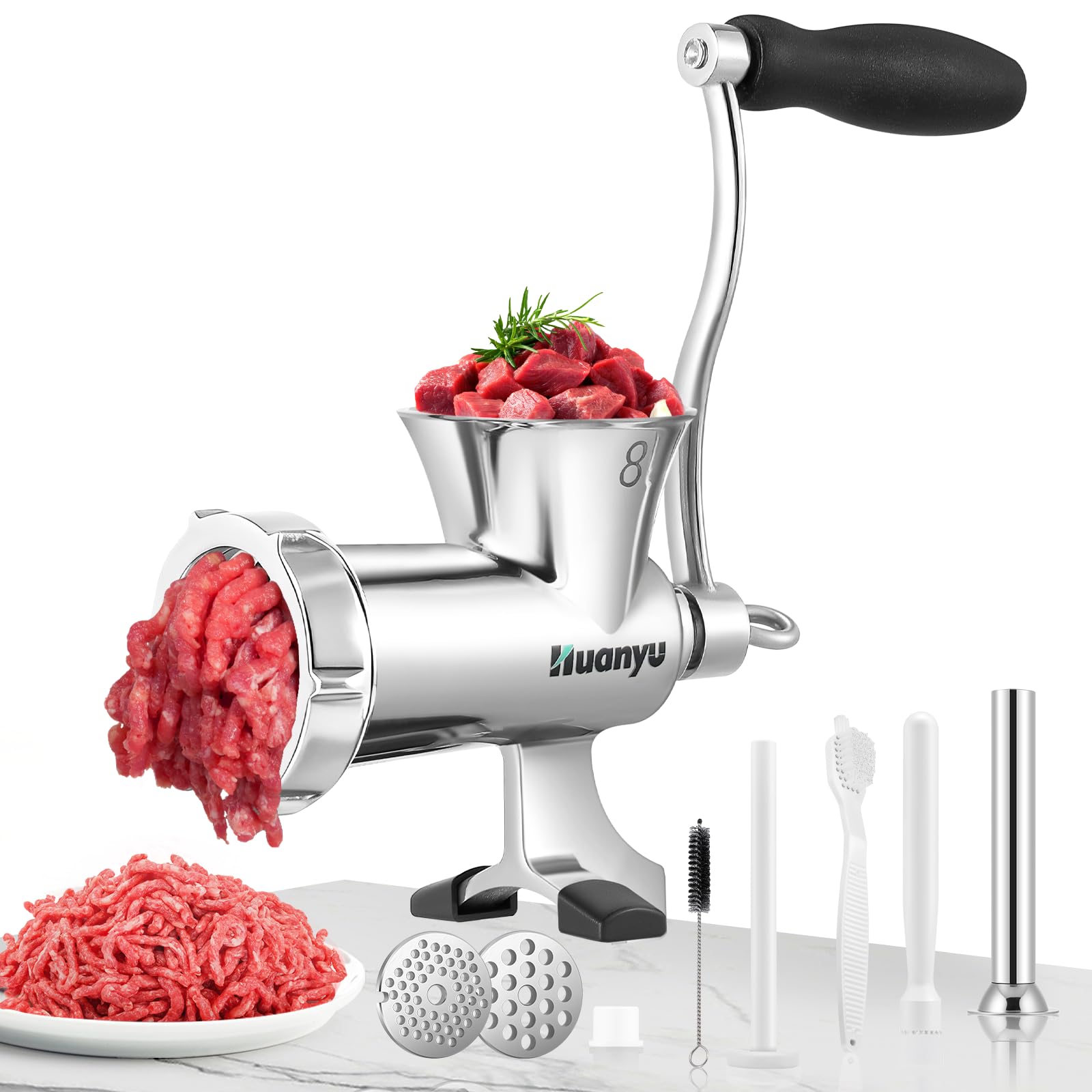 Photo 1 of Huanyu Manual Meat Grinder-Heavy Duty Stainless Steel, Hand Crank Grinding Machine for Sausages&Meat-Dishwasher Safe, Multifunctional-Perfect for Home Use&Outdoor with Chicken, Beef, Small Bone (NO8)